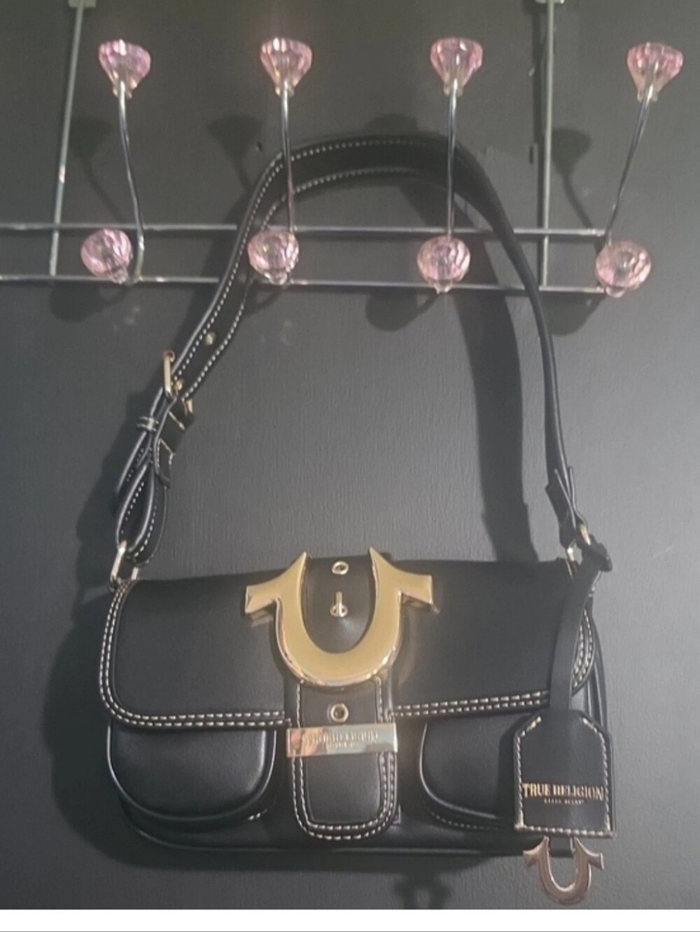 True Religion Black Leather Shoulder Bag with Gold Accent Hardware